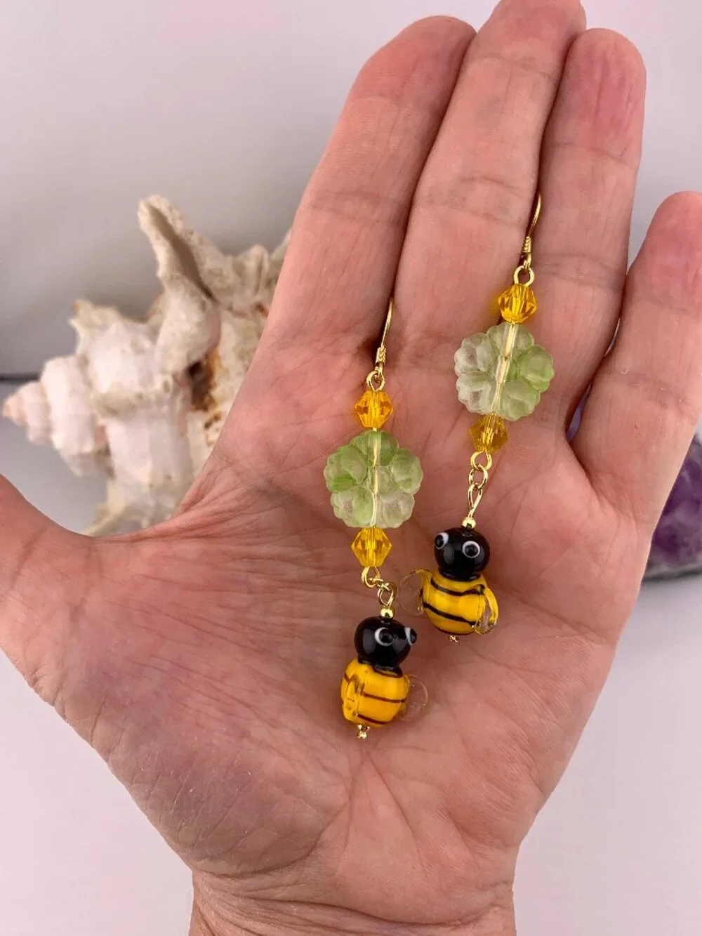 Bumble Bee Flower Lampwork Dangle Gardencore Handmade Earrings LR214